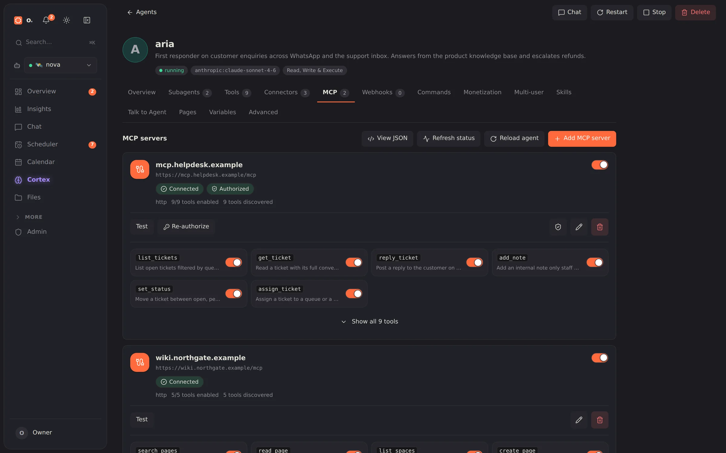 A single agent's page, showing its instructions, model, tools, memory and connected channels.