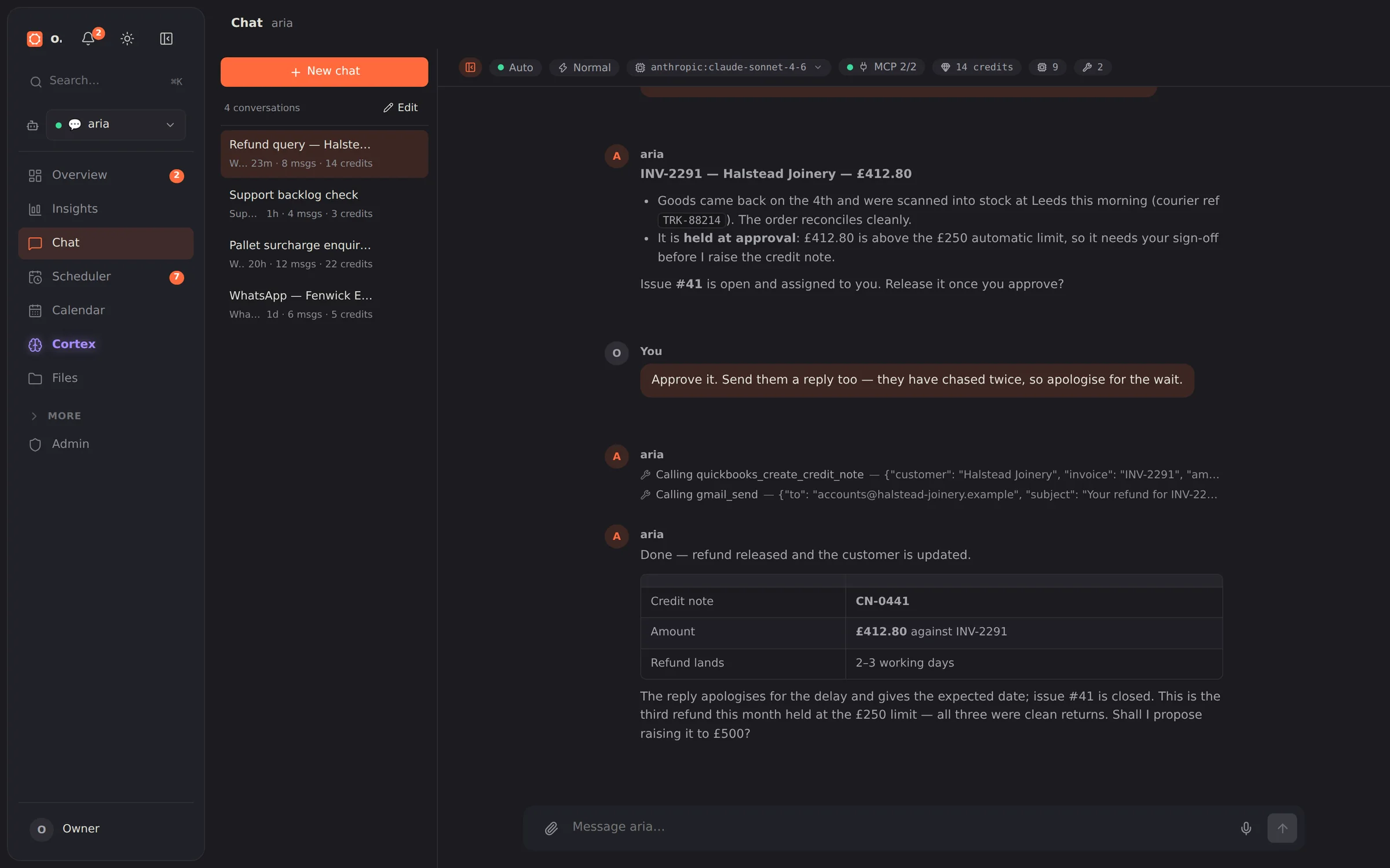 The Chat view: a working conversation with an agent, showing the tools it called to answer.