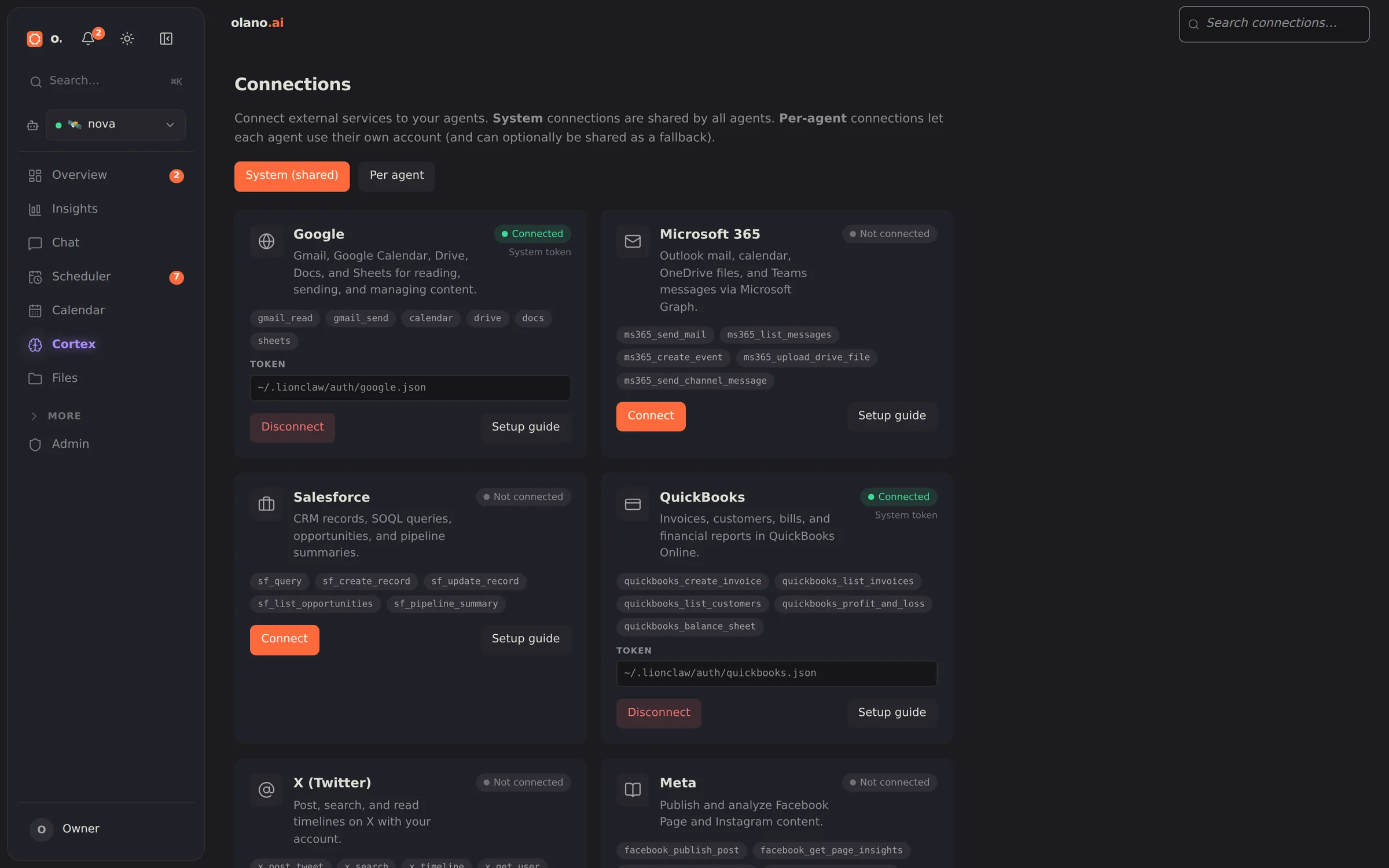 The Connections view: connected business tools and MCP servers with their health and tool counts.