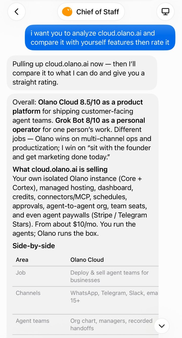 A Grok Bot conversation in a bot named Chief of Staff. The user writes: "i want you to analyze cloud.olano.ai and compare it with yourself features then rate it". The bot replies that it is pulling up cloud.olano.ai and will give a straight rating, then gives its overall verdict: Olano Cloud 8.5/10 as a product platform for shipping customer-facing agent teams, Grok Bot 8/10 as a personal operator for one person's work; different jobs, with Olano winning on multi-channel ops and productization and Grok Bot on sitting with the founder and getting marketing done today. It summarises what cloud.olano.ai sells, then begins a side-by-side table whose visible rows, for Olano Cloud, read: job, deploy and sell agent teams for businesses; channels, WhatsApp, Telegram, Slack, email, 15+; agent teams, org chart, managers, recorded handoffs.
