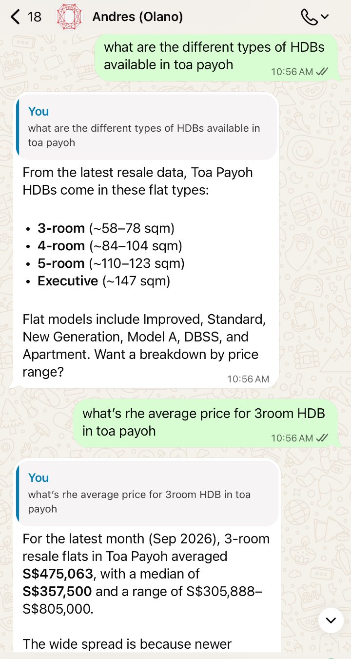 WhatsApp conversation: asked which HDB flat types are available in Toa Payoh, the agent lists 3-room, 4-room, 5-room and Executive with their floor areas and flat models; asked for the average price of a 3-room, it answers with an average of S$475,063, a median of S$357,500 and a range of S$305,888 to S$805,000 for September 2026
