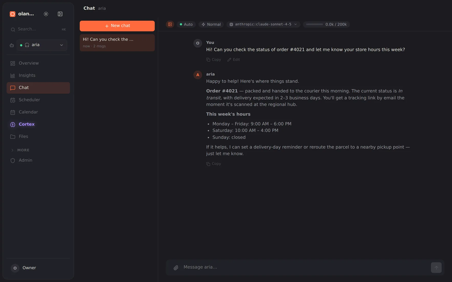 The Olano dashboard chat view: a support agent answers a customer's question about their order status and this week's store hours.